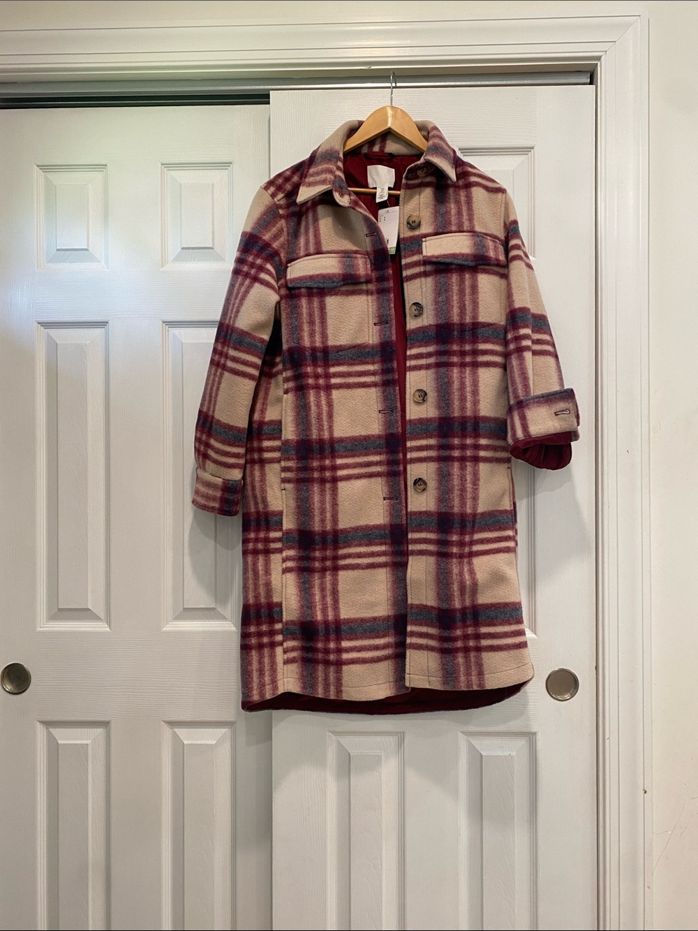 H&M Cream Plaid Pea Coat with Burgundy & Navy
